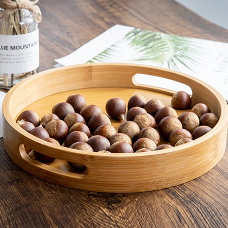 Bamboo Round Tea Tray Simple Wooden Storage Trays el Home Breakfast Dessert Food Serving Kitchen Supplies 240708