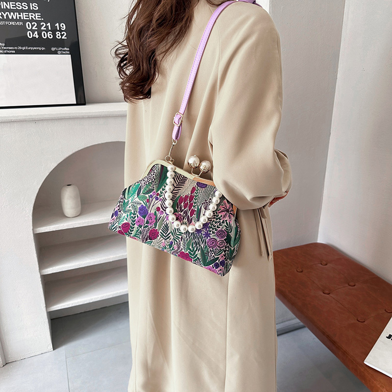 Elegant Women Green Pink Shoulder Canvas Shell Clips Fashion Lady Pearls Handbag Daily Retro All-match Chain Crossbody Bags H7.9#37 889c9