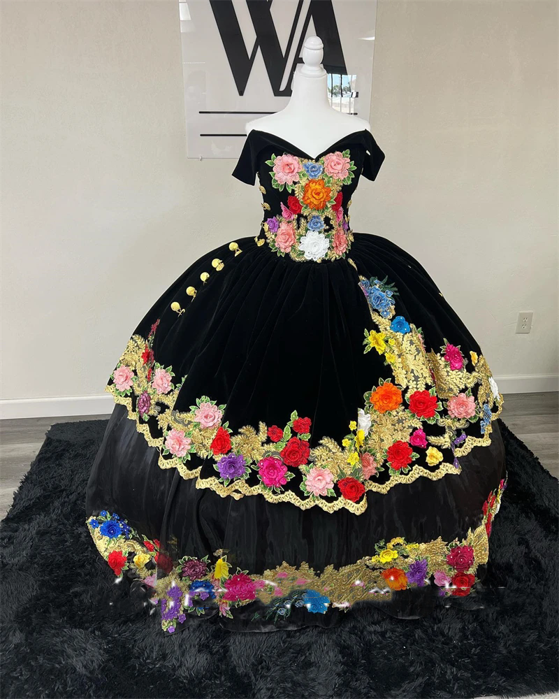 Mexico Black Off Shoulder wer Girls' Quinceanera 2025 Applique Prom Dress Ball Puffy Ruffle Tiered Bow Evening Gown Sweet 16 15