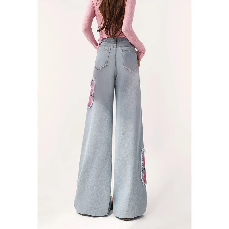 Women Vintage Baggy Blue Embroidery Jeans 90s High Waist Denim Trouser Harajuku Retro Korean Y2k Wide Cowboy Pants 2000s Clothes 240704