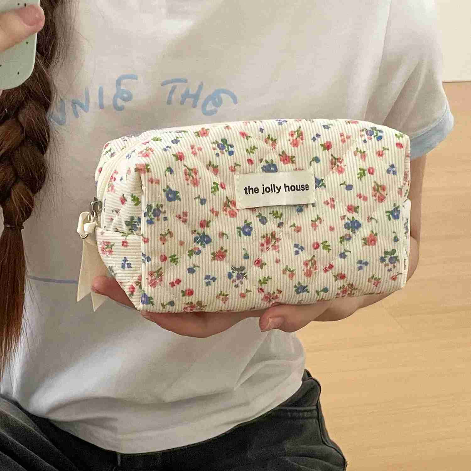 Fashion Vintage Flower Women Makeup Bag Cotton Tote Portable Female Cosmetic Storage Handbag Travel Organizer Zipper Quilted BagCL240708