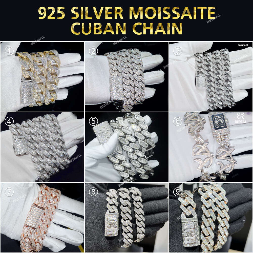 Wholesale Price 14mm 925 Silver Moissanite Cuban Chain Ice Out Round Brilliant Cut Vvs Moissanite Gold Plated Necklace