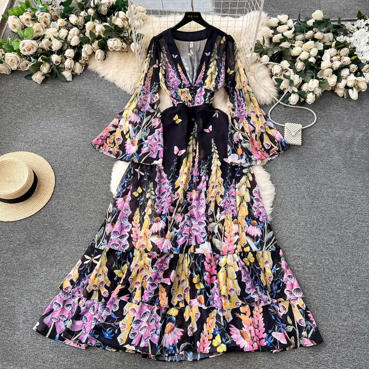 Summer Holiday Gorgeous Cascading Cake Dress Women Flare Sleeve V Neck Flower Print Buttons Chiffon Bohemain Robe Vestidos 6230 240703