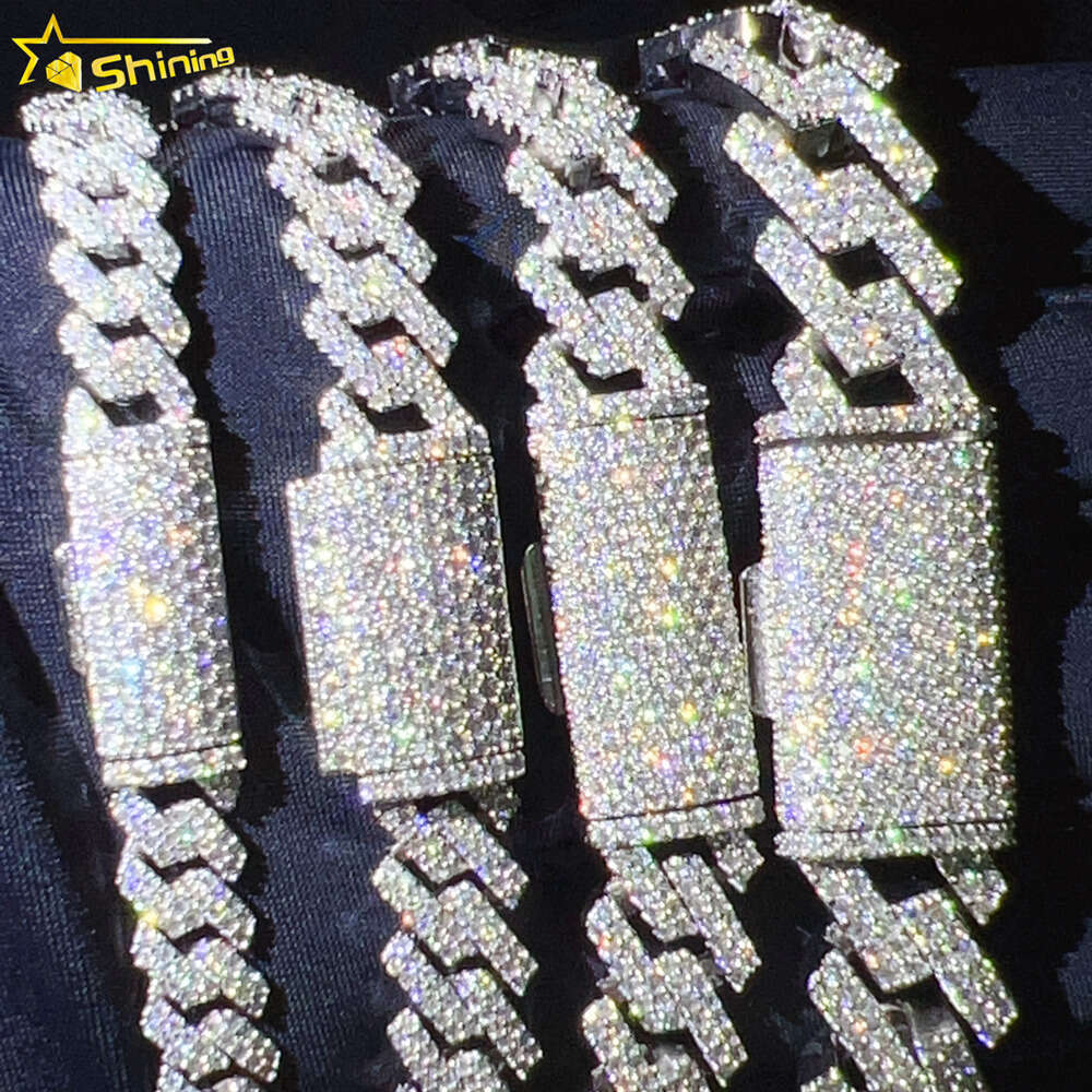 Iced Out Vvs Moissanite 2 Rows Miami Gold Cuban Chain Necklace 925 Sterling Silver Diamond Moissanite Cuban Link Chain