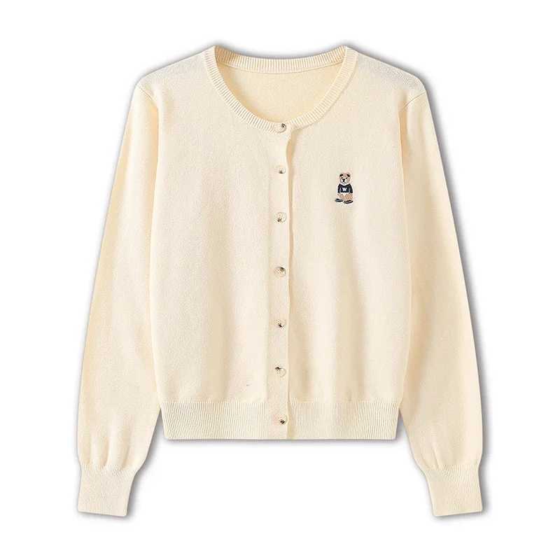 Women's Sweaters Womens bear embroidered thin cardigan sweater single sweating office solid top long sleeved knitted sweater womens spring 2024 J