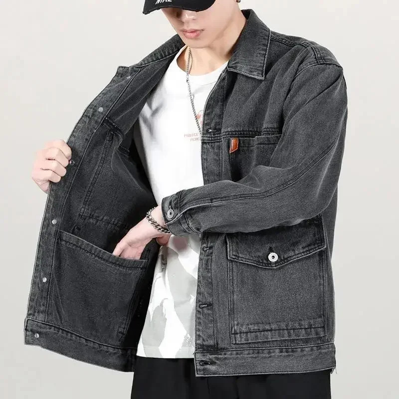 Button Blue Denim Jackets Man Autumn Black with Embroidery Jeans Coat for Men Print Large Size High Quality Outwear L in Big 240704