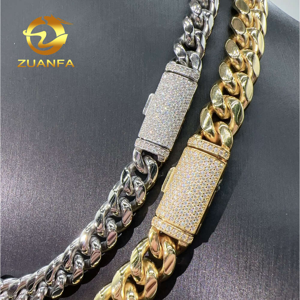 10mm 12mm Hip Hop Cuban Necklace 925 Silver Moissanite Clasp Stainless Steel Link Chain