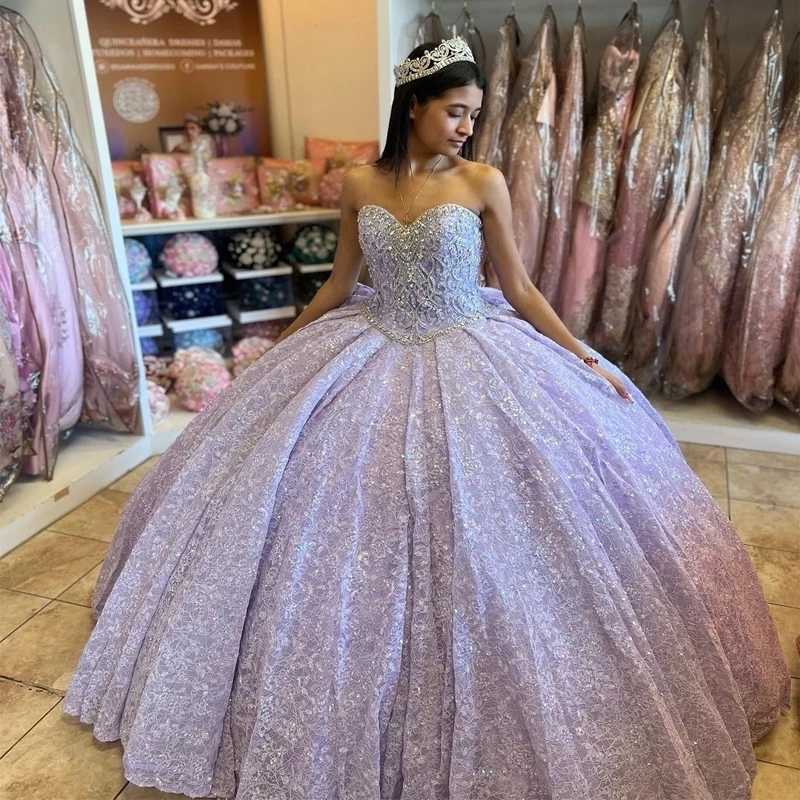 Sparkly Lavender Sweetheart Crystal Appliques Bow Quinceanera Dresses Ball Gown Off The Shoulder Beading Sweet Vestidos De D