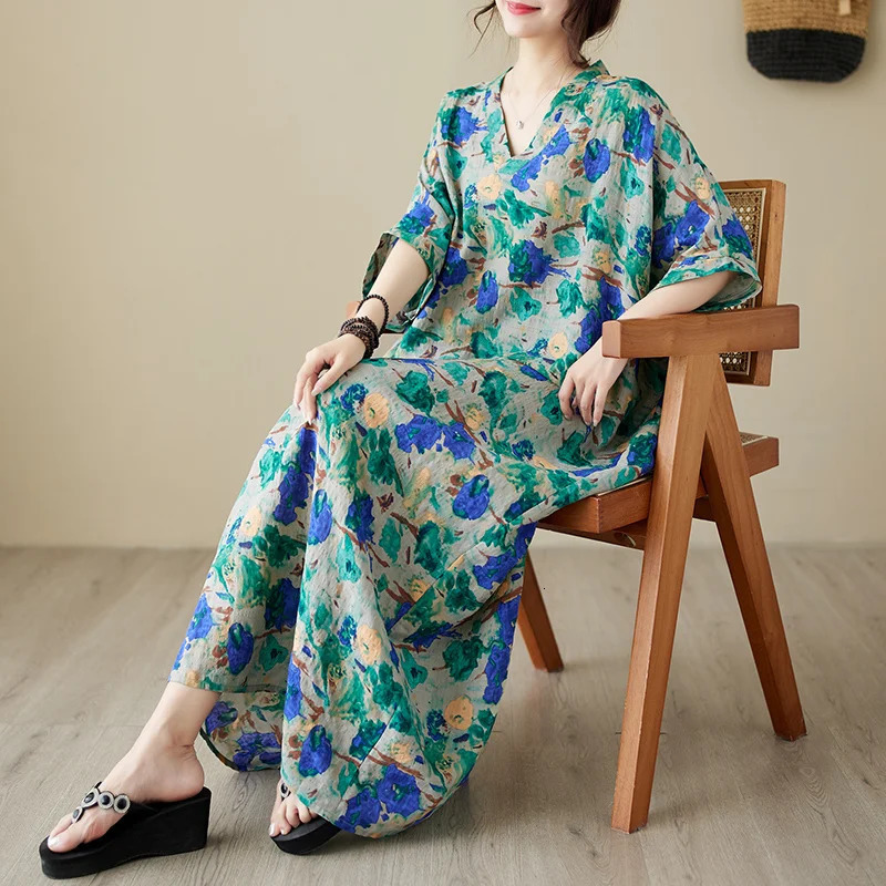 #3601 Retro Printed Cotton Linen Dress Batwing Sleeve Thin Loose Pockets Long Dress Ladies V-neck Sexy Beach Floor Length Dress 240703