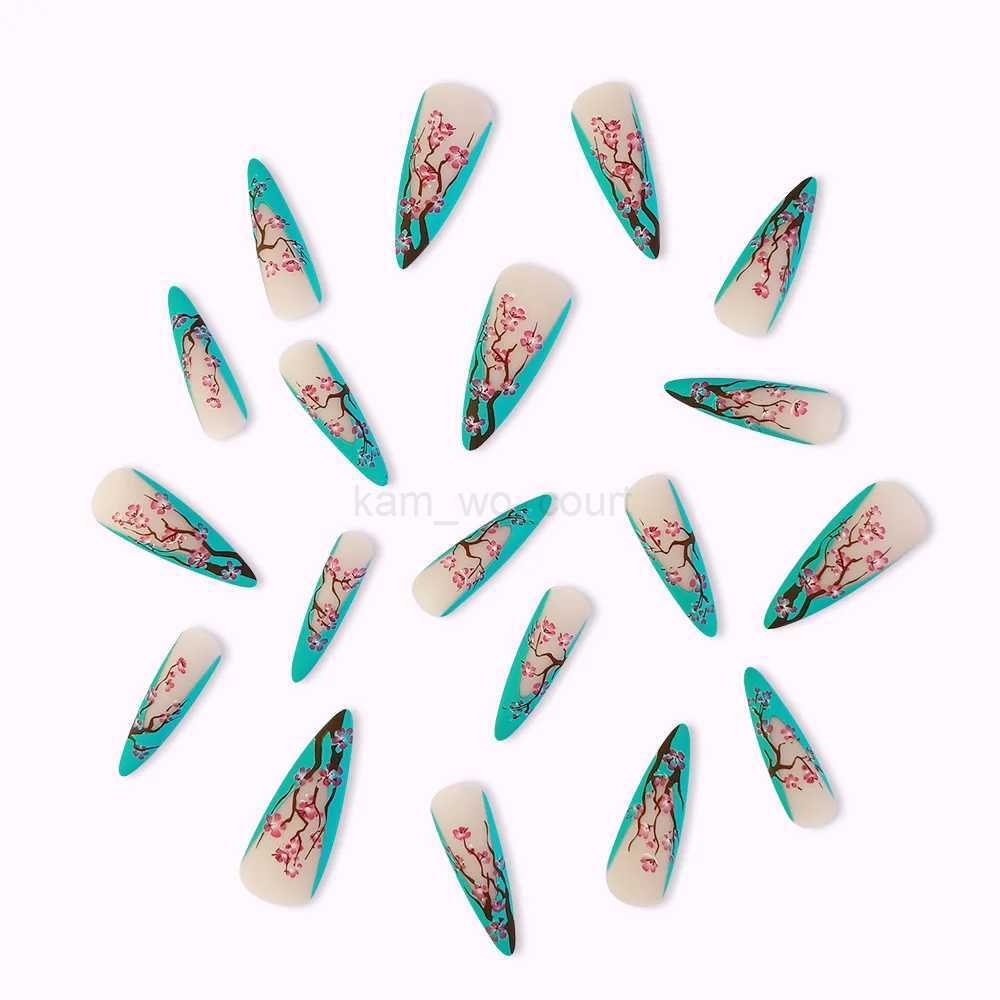 24pcs Plum Flower Press On Nails False Nail Tips Kit Full Cover Long Stiletto/Almond Acrylic Fake Nails Manicure DecorationsM240709
