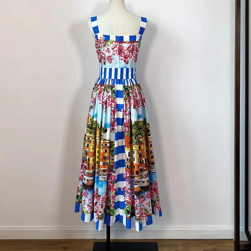 Summer Holiday Buttons Spaghetti Strap Dress Runway Women Single Breasted Flower Print Beach Vacation Midi Vestidos Camisole 240703