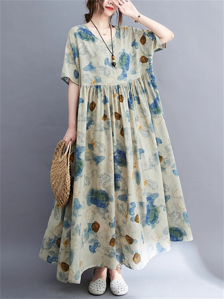 Cotton Vintage Print Dresses For Women Summer Short Sleeve Casual Loose Long Fashion Dress Elegant Vestidos Femme Clothing 240703