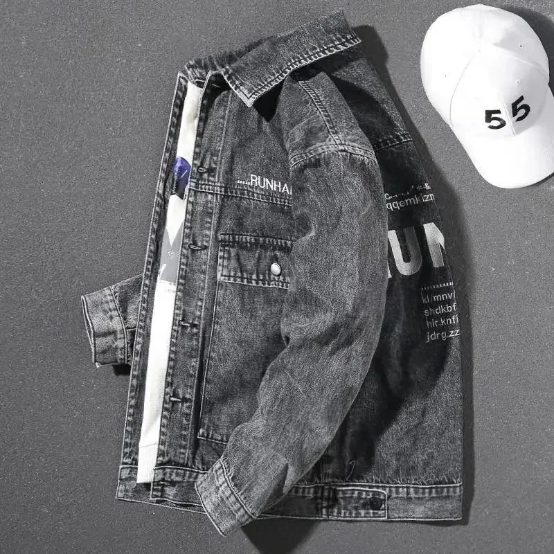 Button Blue Denim Jackets Man Autumn Black with Embroidery Jeans Coat for Men Print Large Size High Quality Outwear L in Big 240704