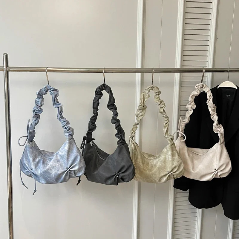 PU Ruched Square Bags Solid Zipper Soft Womens Bags on Sale 2024 New Fashion Commuting Versatile Minority Shoulder Bags Bolsa 240709