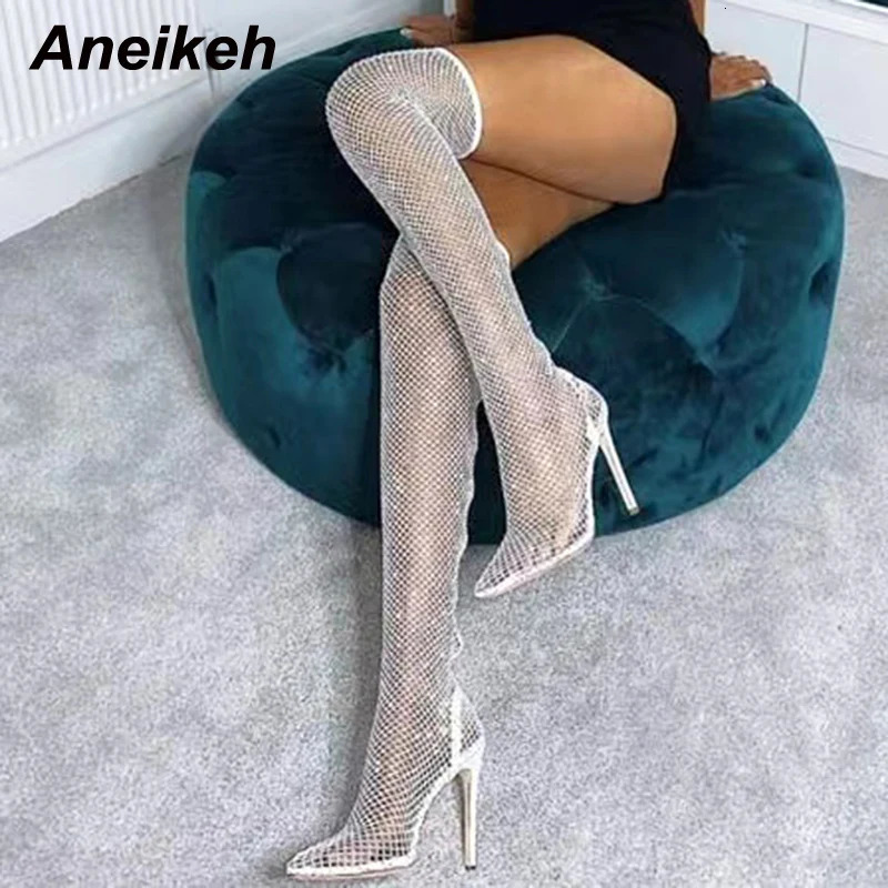 Aneikeh Sexy Bling Rhinestone Mesh Shoes Over The Knee Boots Women Pointed Toe Sandals Nightclub High Heels Botas Femininas 2024 240709