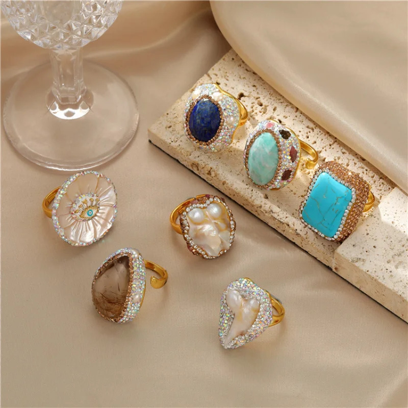Vintage Elegant Baroque Freshwater Pearl Ring for Women Evil Eyes Simulated Gemstone Turquoise Crystal Ring Copper Gold Plated 240702