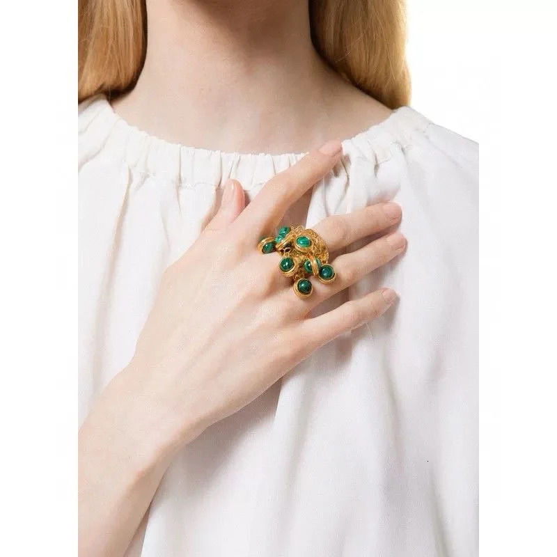 Natural malachite coloured gem multi-pendant vintage open ring 240626