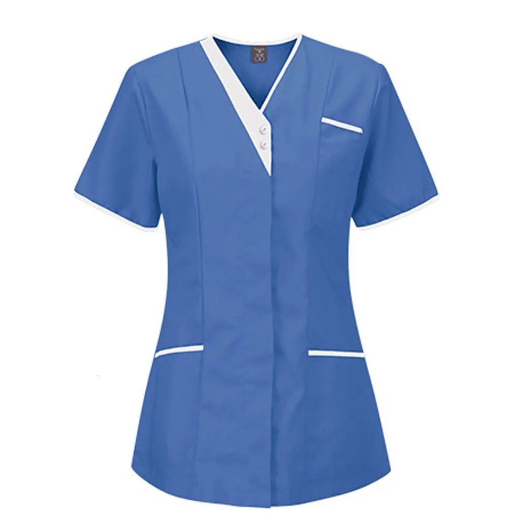 Nurse Uniform Women Solid Color Short V Neck Sleeve Scrubs Blouse Hospital Healthcare Working Tunic Spa Beauty Salon Workwear 240704