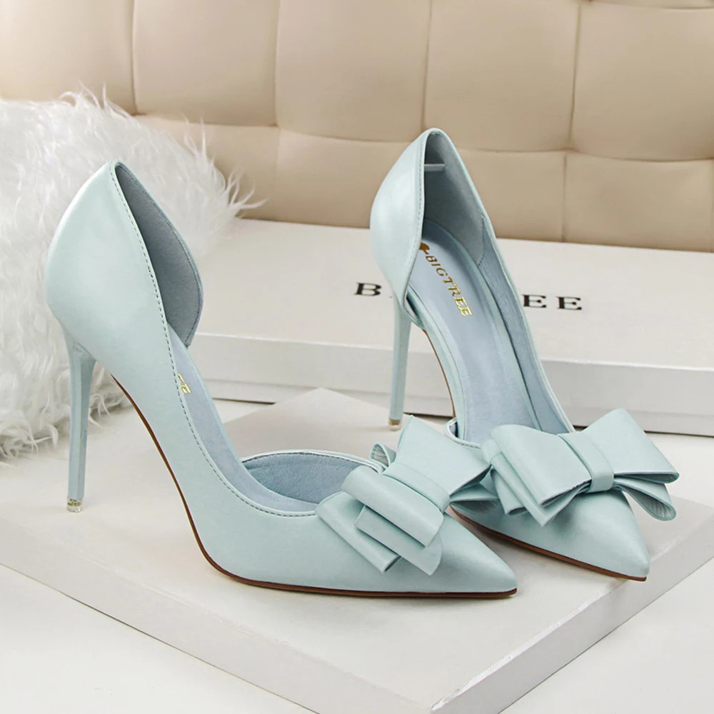 Fashion Womens Korean Wedding Bow High Stiletto Heels Shallow Pointed Head Side Empty Thin Shoes 240708