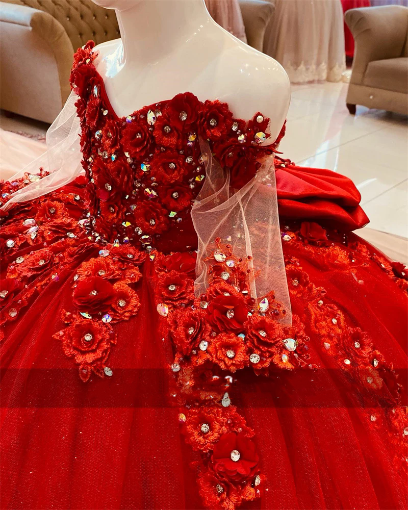 2025 Red Off Shoulder Ball Gown Flower Girl Dresses For Wedding Kids Beaded Appliques Pageant Dress Princess Flower Birthday Gown
