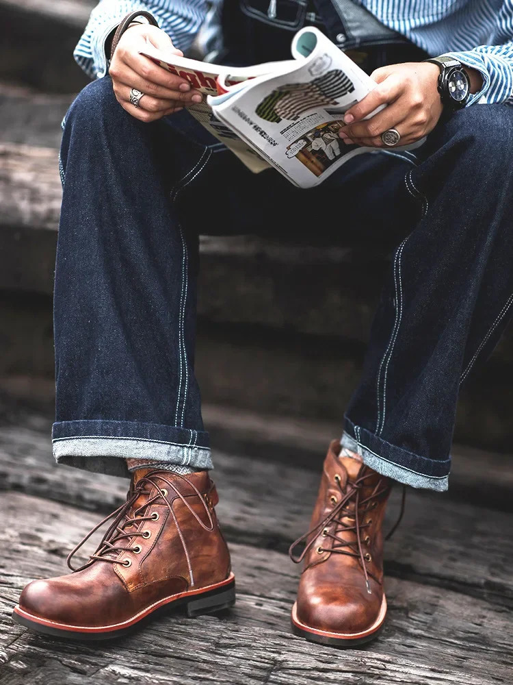 Handmade Leather Men Boots Retro Round Toe Ankle Boots 2024 Autumn Winter Punk Street Style Motorcycle Boots Men Chunky Botines 240709