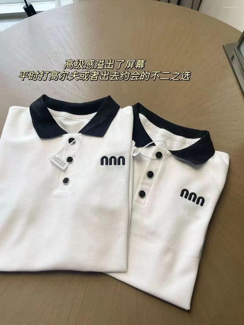 Women's T Shirts POLO Lapel Letter Embroidery College Style Age Reduction Casual Patchwork Color Short-sleeved Blouse Woman
