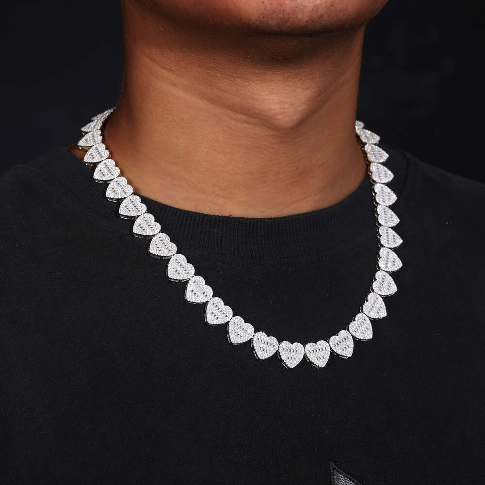Hip Hop Jewelry High Quality 15mm 925 Sterling Silver Vvs Moissanite Diamond Iced Out Buguette Heart Tennis Chain Necklace