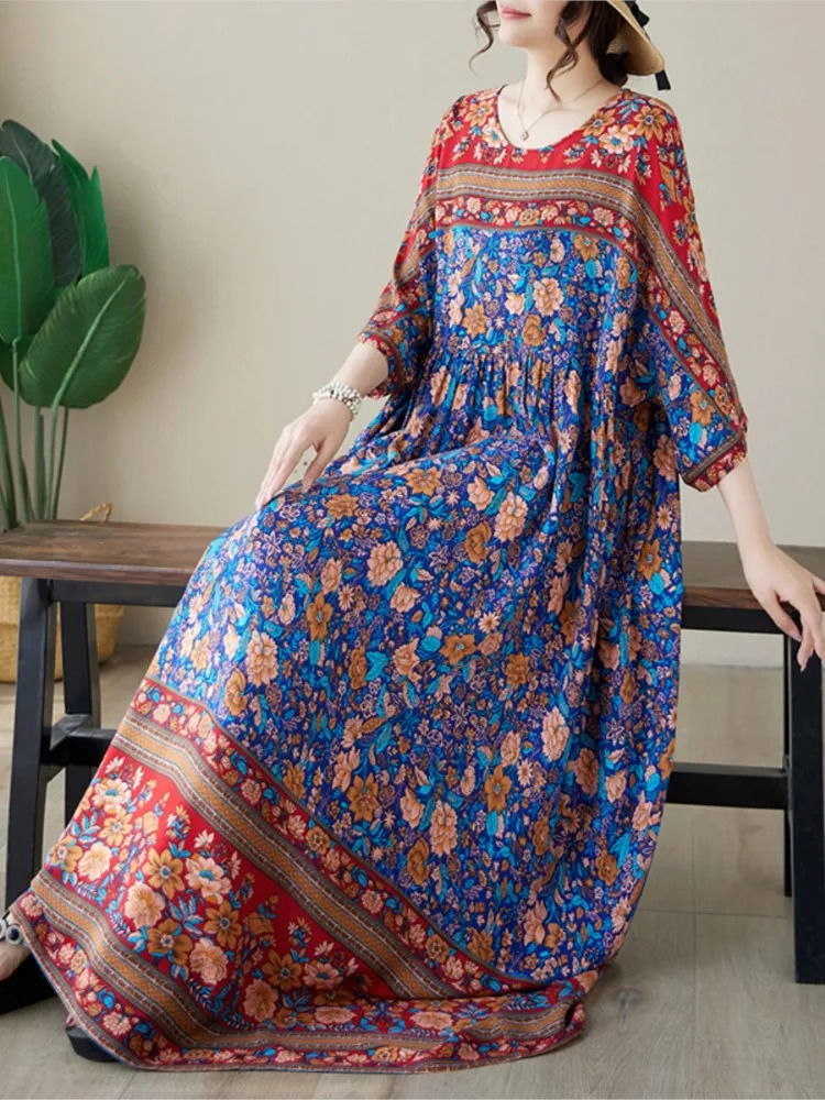 Oversized Flower Floral Print Summer Long Dress Women Loose Ruffle Pleated Modis Casual Ladies Dresses Short Sleeve Woman Dress 240703