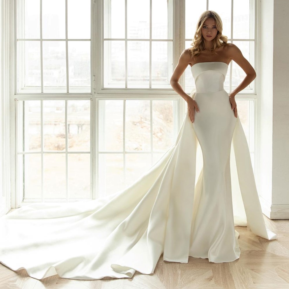 Simple Satin Elegant Mermaid Wedding Dress Bridal Gown With Detachable Train Strapless Backless Vestido De Noiva Robe De Mariee 211S