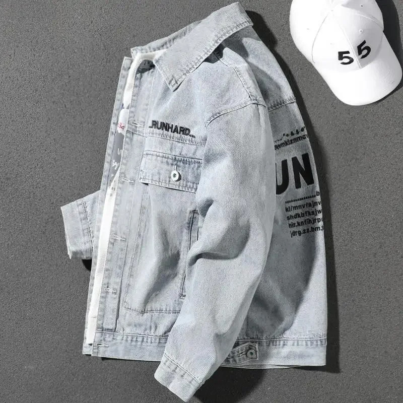 Mens Denim Jacket Gray Autumn Wide Shoulders Fashion Male Jean Coats with Embroidery Print Japanese Y2k Clothing Big Size Joker 240704