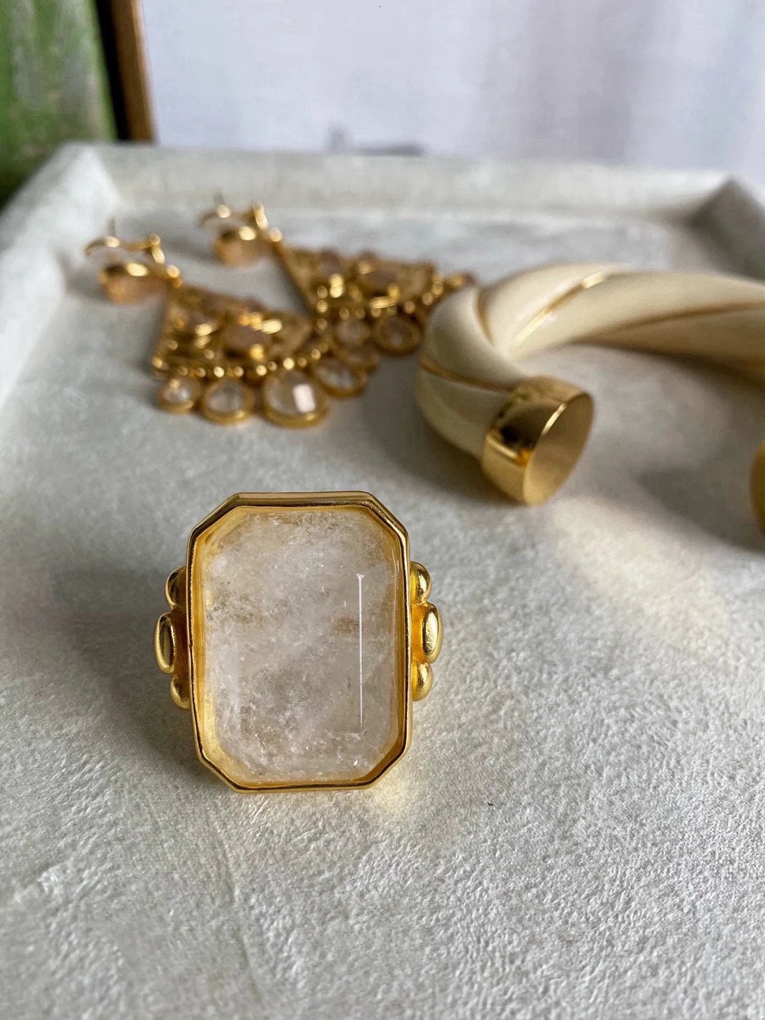 Personality large rock candy square natural crystal ring 240626