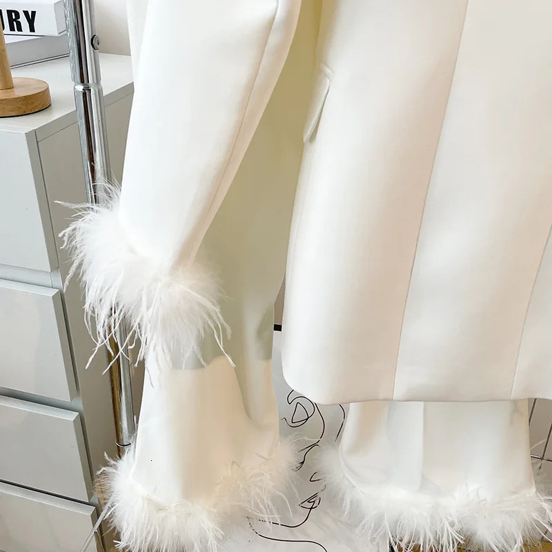 Blazer PantSuits White Real Feathers Sleeve Single Button Party Office Business Wear Suit Lapel Jacket Pants Two Piece Sets 240704