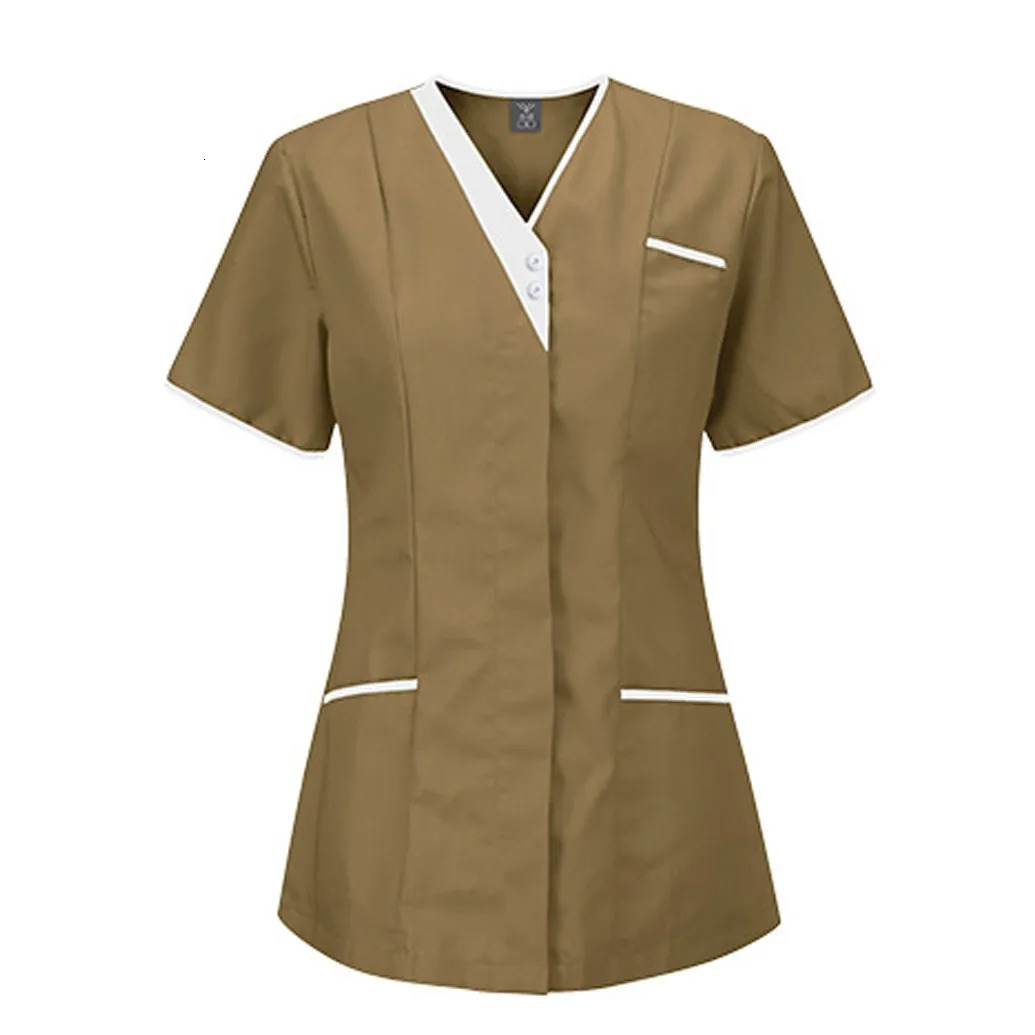 Nurse Uniform Women Solid Color Short V Neck Sleeve Scrubs Blouse Hospital Healthcare Working Tunic Spa Beauty Salon Workwear 240704