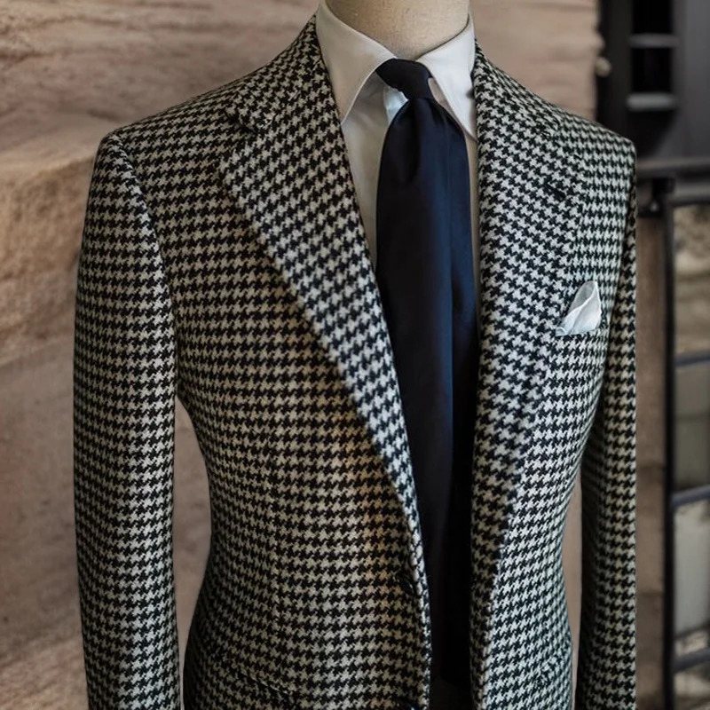 Houndstooth Business Blazer for Men Plaid Notched Lapel Suit Jacket Formal Male Fashion Coat 240626