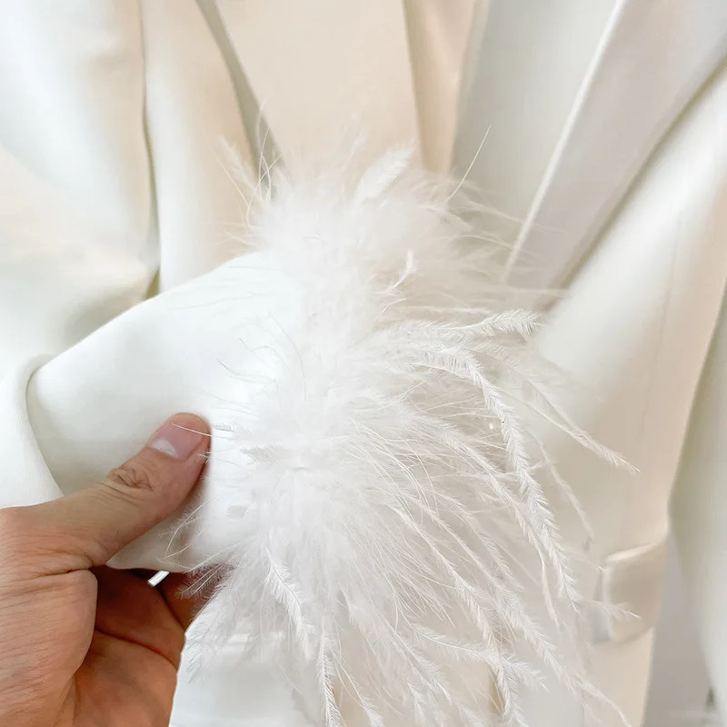 Blazer PantSuits White Real Feathers Sleeve Single Button Party Office Business Wear Suit Lapel Jacket Pants Two Piece Sets 240704