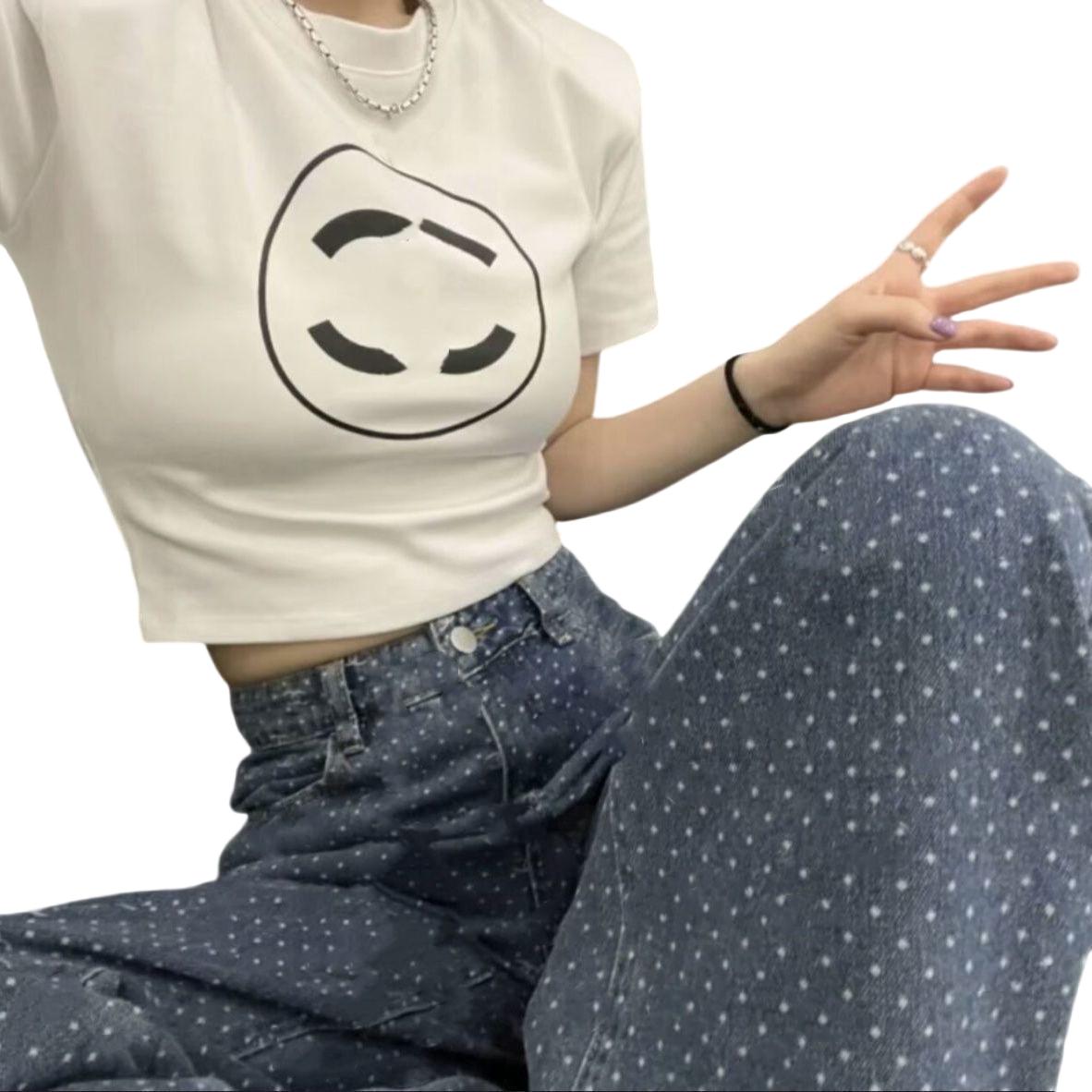 Women o-neck short sleeve logo letter print designer high waist cotton t-shirt crop top tees SMLXL