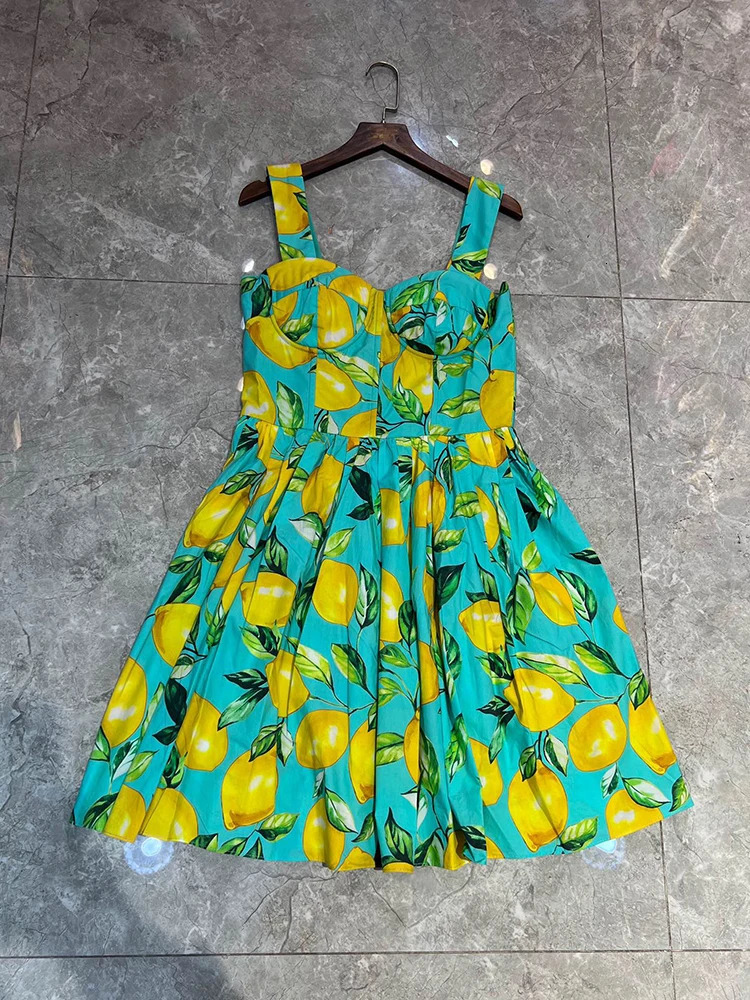 100% Cotton Women Dress Summer Beach Holiday Spaghetti Strap Lemon Printing Mini Vestidos High Street Princess 240703