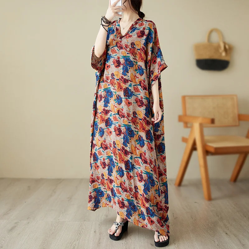 #3601 Retro Printed Cotton Linen Dress Batwing Sleeve Thin Loose Pockets Long Dress Ladies V-neck Sexy Beach Floor Length Dress 240703