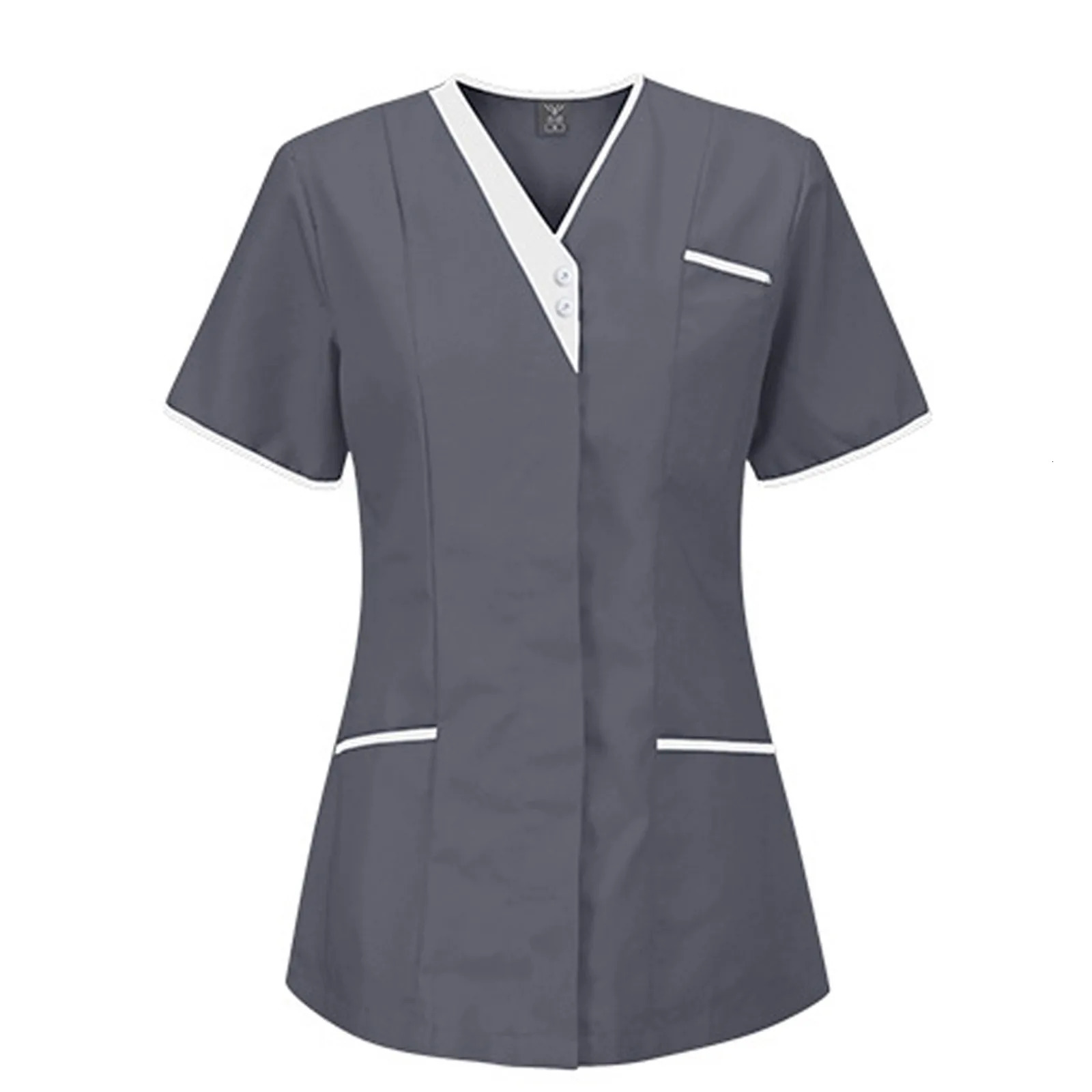 Nurse Uniform Women Solid Color Short V Neck Sleeve Scrubs Blouse Hospital Healthcare Working Tunic Spa Beauty Salon Workwear 240704