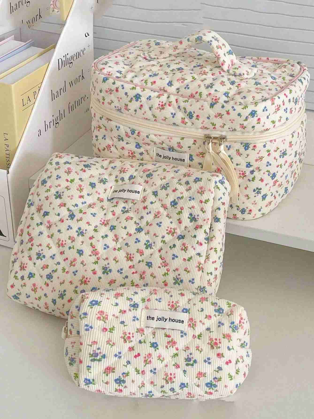 Lovely Floral Stitching Corduroy Cosmetic Bag For Storing Skin Care ltems Lipsticks Accessories Travel Necessity Birthday GiftCL240708
