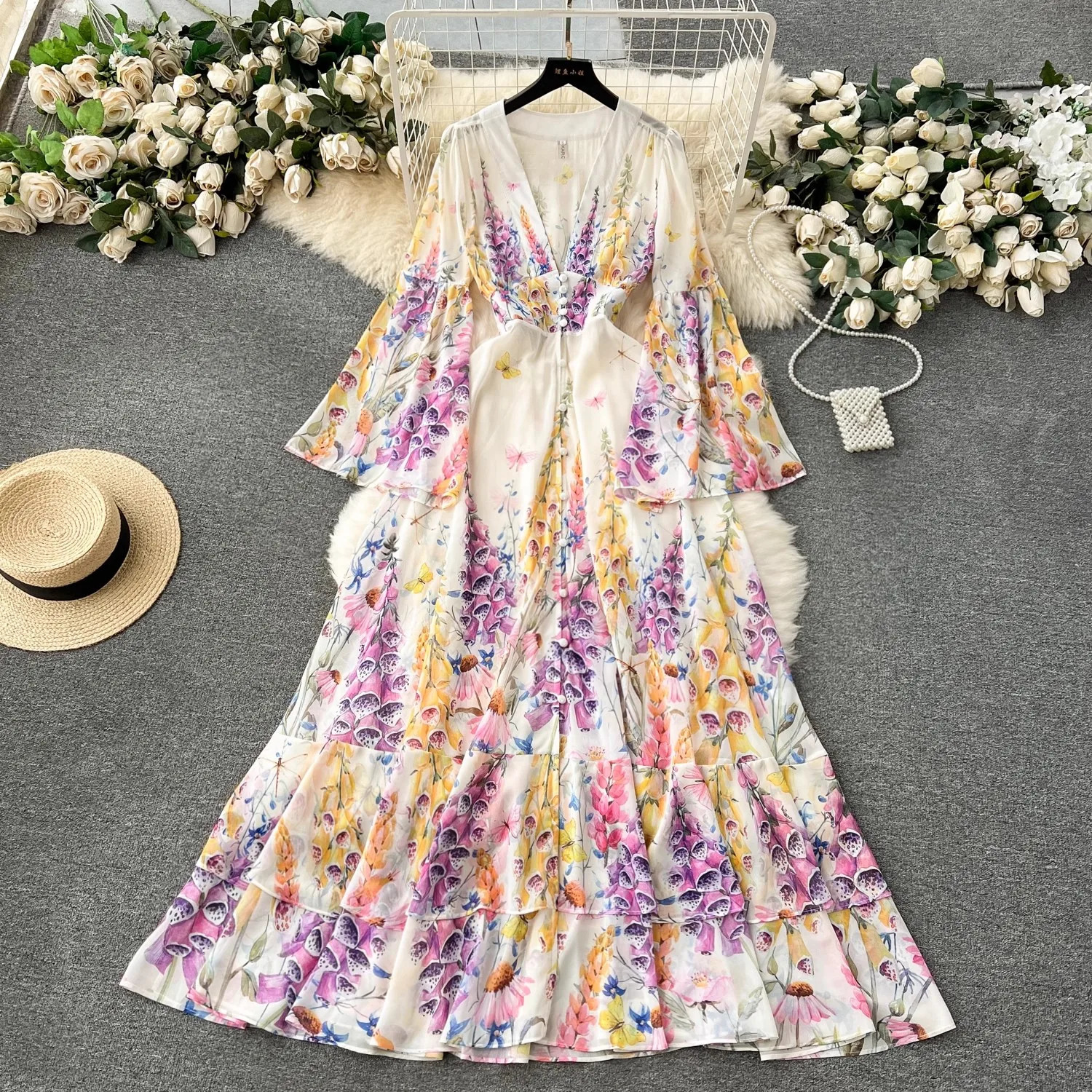 Summer Holiday Gorgeous Cascading Cake Dress Women Flare Sleeve V Neck Flower Print Buttons Chiffon Bohemain Robe Vestidos 6230 240703