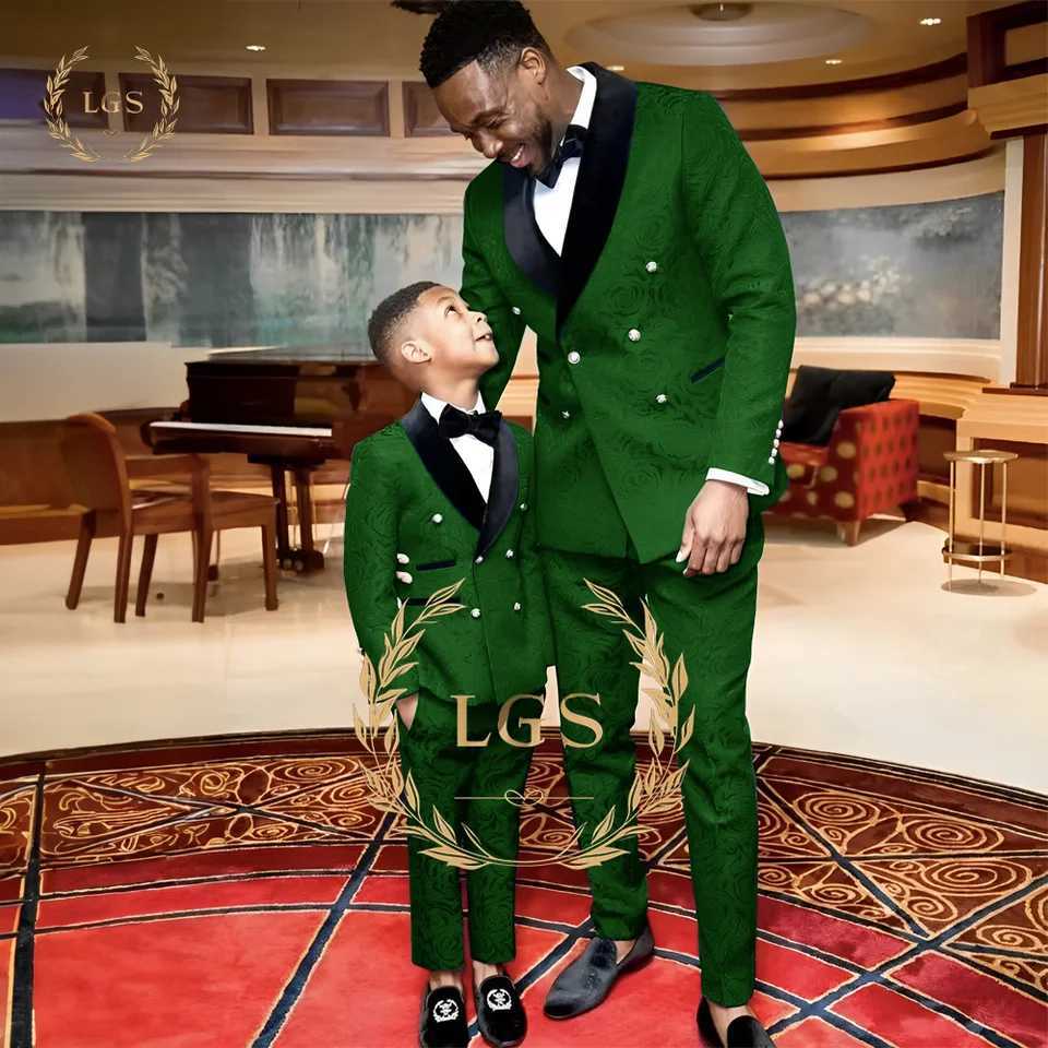 Suits Blue Boys Suit Printed Pattern Formal Dinner Tuxedo Little Boy Groomsman Kids Wedding Party Prom 3 Piece Jacket Vest Trousers