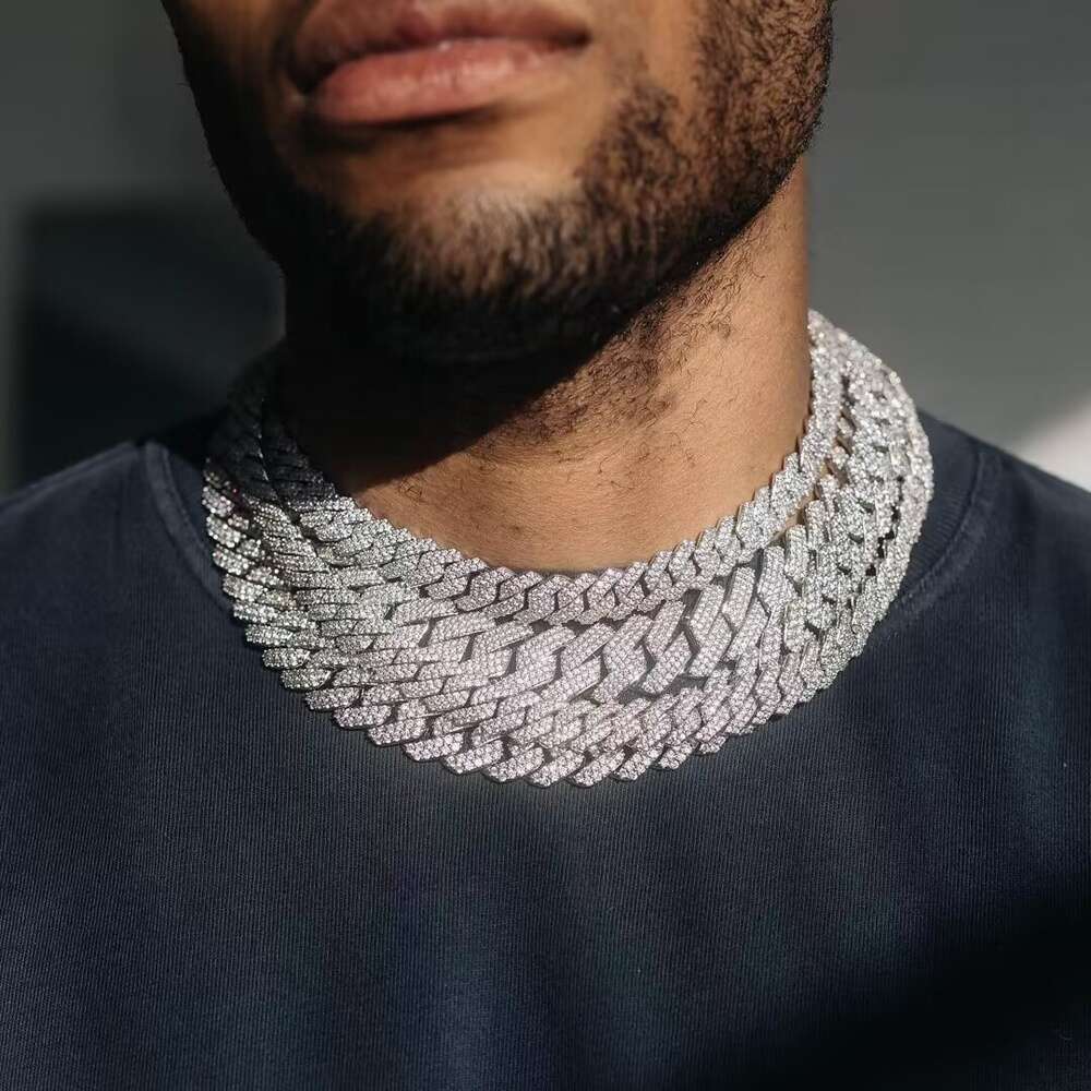 Iced Out Vvs Moissanite 2 Rows Miami Gold Cuban Chain Necklace 925 Sterling Silver Diamond Moissanite Cuban Link Chain