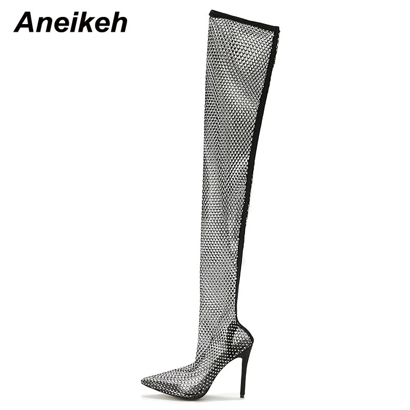 Aneikeh Sexy Bling Rhinestone Mesh Shoes Over The Knee Boots Women Pointed Toe Sandals Nightclub High Heels Botas Femininas 2024 240709
