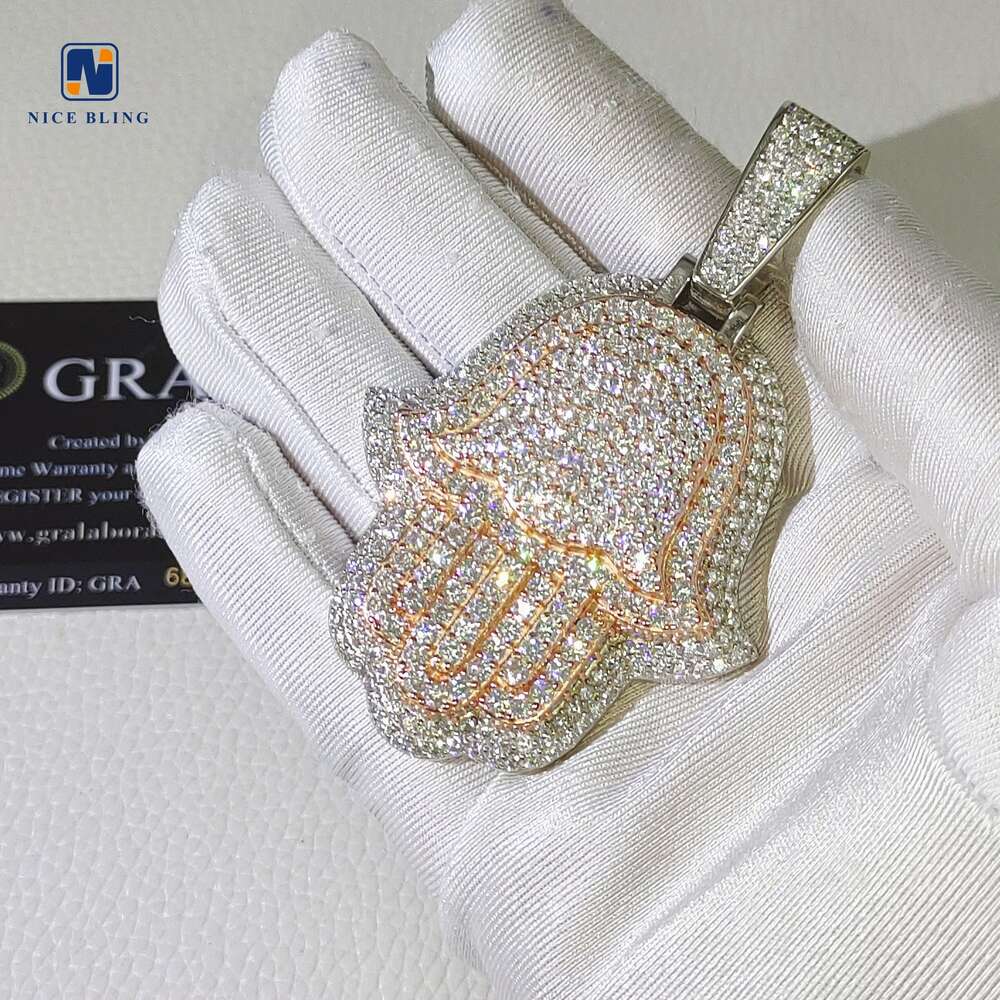 Custom Iced Out Hamsa Penadnt Teo Tone Rose and White Hip Hop Fashion Moissanite Jewelry 925 Silver Lab Diamond Hand Pendants