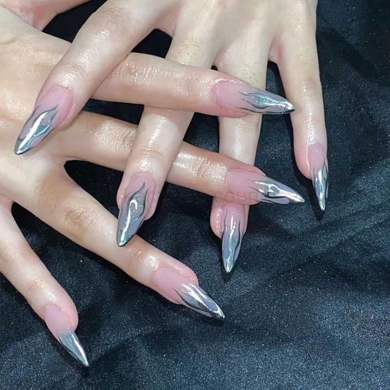 24pcs Silver Almond False Nails Oval Decorated Cloud Milk Wearable Fake Nails Short Press On Nail Coffin Detachable French TipsM240709