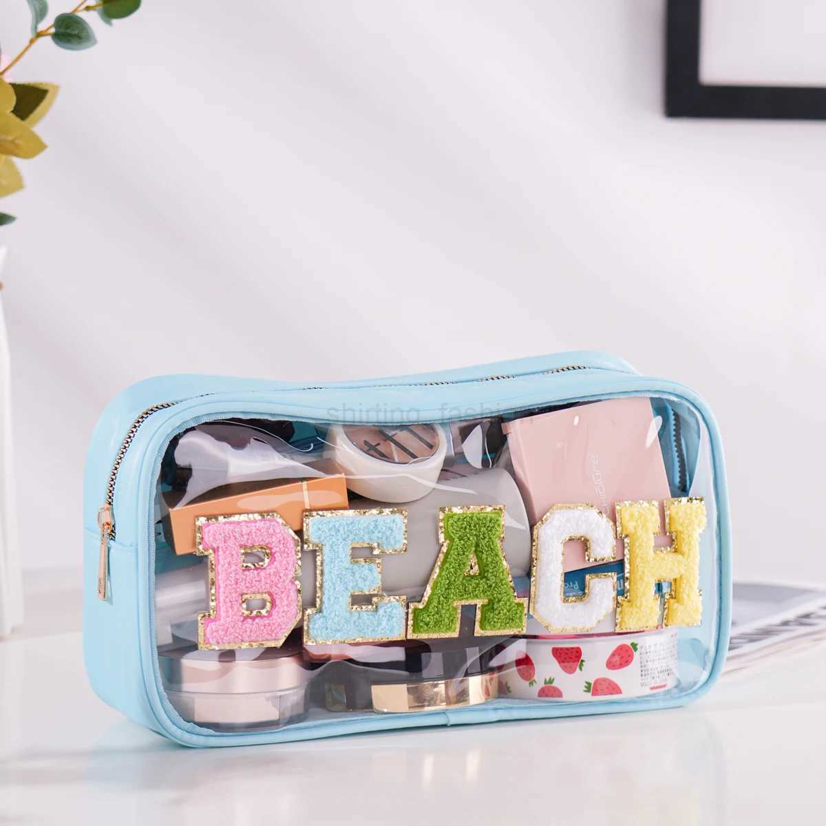 Women Girls Nylon Waterproof Glitter Chenille Letter Clear Patch Makeup Cosmetic Bag Travel Storage Pouch for Swim BeachCL240708