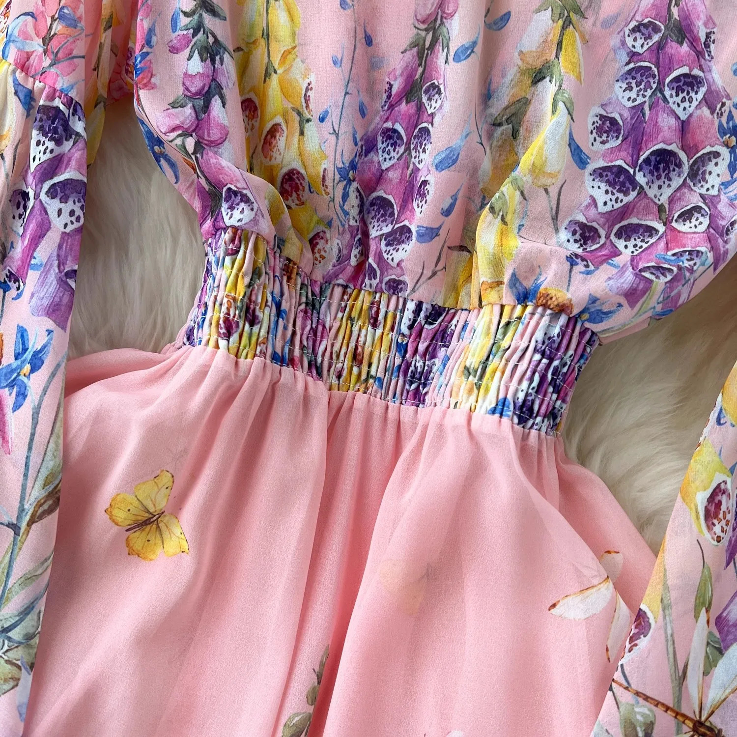 Summer Holiday Gorgeous Cascading Cake Dress Women Flare Sleeve V Neck Flower Print Buttons Chiffon Bohemain Robe Vestidos 6230 240703