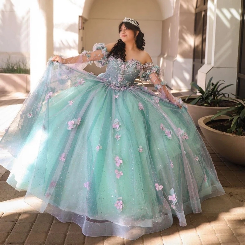 Light Green Shiny Princess Quinceanera Dresses Ball Gown 2025 Sweet 16 Dress Beads Appliques Lace Flower Birthday 15th Party