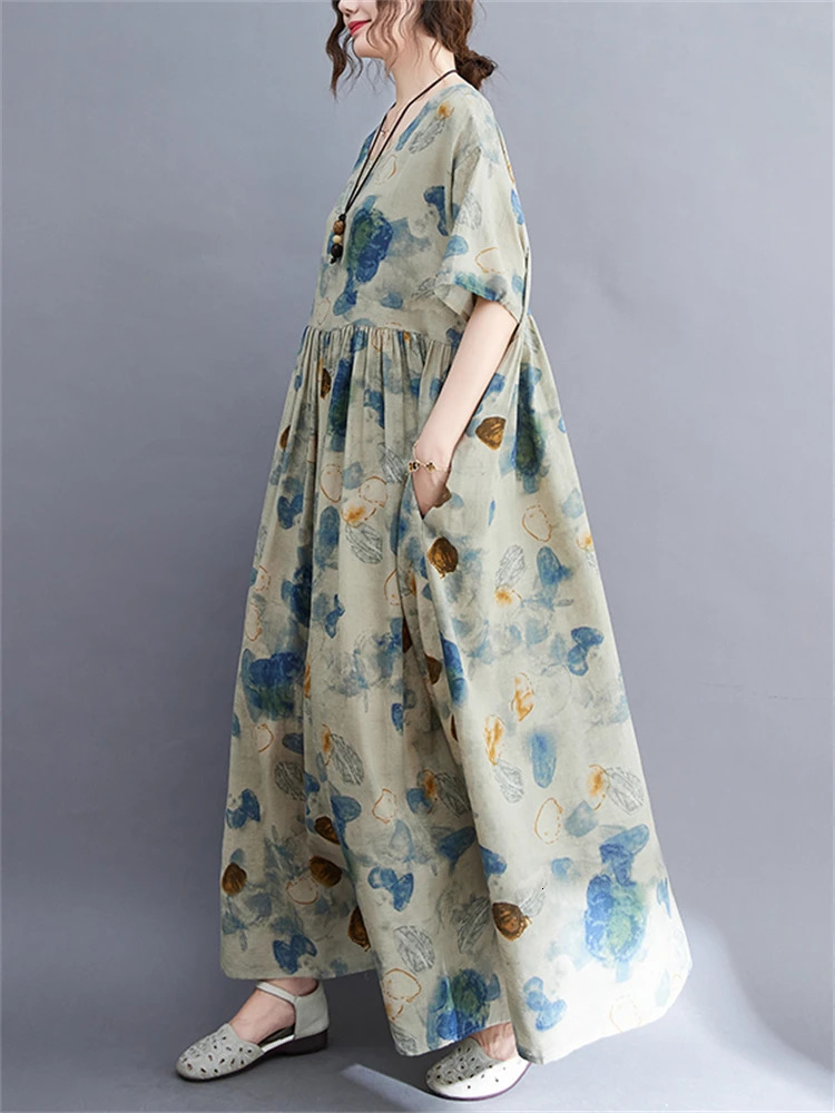 Cotton Vintage Print Dresses For Women Summer Short Sleeve Casual Loose Long Fashion Dress Elegant Vestidos Femme Clothing 240703